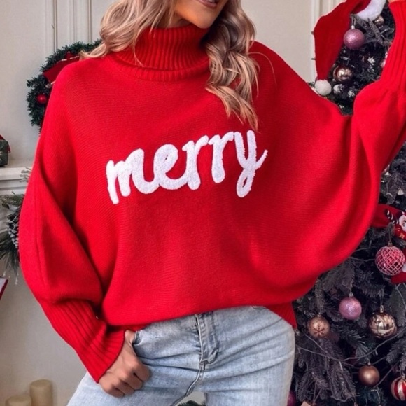 New Red Merry Christmas Holiday Sweater Turtleneck Dolman Long Sleeves White NWT - Picture 9 of 16